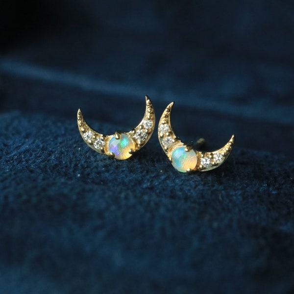 Crescent Moon Earring |18K Gold Opal Diamond Stud |Sailor Moon Earring |Moon Phase Earrings |Celestial Earring Set| Anniversary gift for her