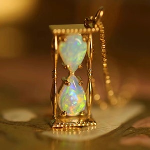 Unique Hourglass Jewelry| 18K Gold Sand timer Opal pendant| Artisan Opal| Gold Hourglass Charm| Opal Statement Necklace| Luxury Gift Idea
