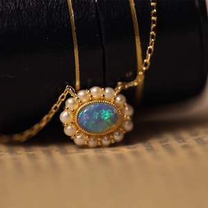 Antique Opal Seed Pearl Pendant Necklace 18K Gold | Art Deco Solid Yellow Gold Opal Pearl Jewelry | Vintage 18K Gold Opal & Seed Pearl Charm