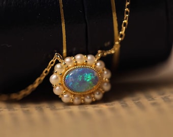 Antique Opal Seed Pearl Pendant Necklace 18K Gold | Art Deco Solid Yellow Gold Opal Pearl Jewelry | Vintage 18K Gold Opal & Seed Pearl Charm