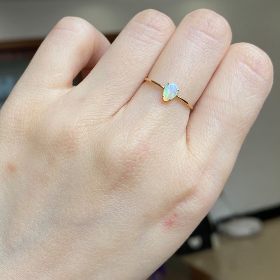 18K Solid Gold Teardrop Australian Opal Ring Dainty Stackable Gold Ring Minimalist Opal Ring Engagement Ring Wedding Ring Vintage