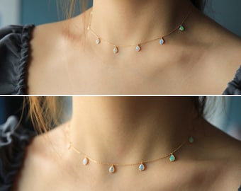 Genuine Opal Pendant Choker |18K Gold Multi Teardrop Opal Gem Pendant Charm |Dainty Necklace for Women |Fire Opal| Anniversary Gift