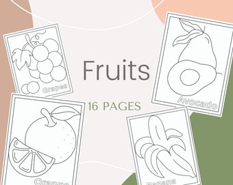Può includere: Un libro da colorare in bianco e nero con 16 pagine che mostrano diversi frutti. I frutti includono uva, avocado, arancia e banana. Il titolo del libro è "Fruits".
