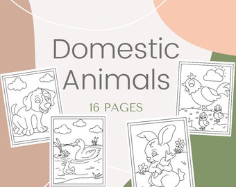 Puede incluir: Páginas para colorear en blanco y negro con un perro, un pato, un conejo y una gallina. La portada del libro dice "Animales domésticos 16 páginas".