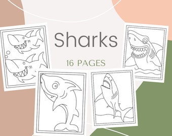 May include: A set of 16 coloring pages featuring sharks. The pages are black and white line drawings of sharks in various poses. The title "Sharks 16 Pages" is at the top of the image.