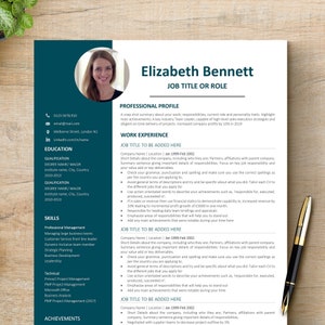 Peut inclure: Un modèle de CV avec un schéma de couleurs bleu sarcelle et blanc. Le CV est pour Elizabeth Bennett, qui postule pour un emploi. Le CV comprend ses coordonnées, sa formation, ses compétences et son expérience professionnelle.