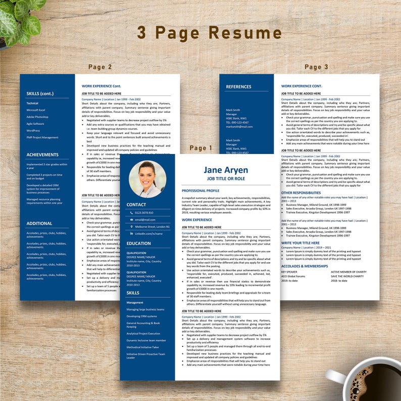 May include: A blue and white resume template with a professional headshot of a woman. The resume includes sections for skills, achievements, additional, references, work experience, and contact information. The text on the resume includes the name Jane Aryen, job title or role, professional profile, and work experience.