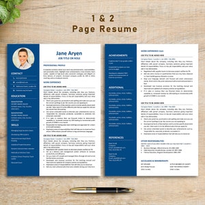 May include: A blue and white resume template with a professional headshot of a woman. The resume includes contact information, education, skills, work experience, achievements, and references. The text on the resume is in a sans-serif font.
