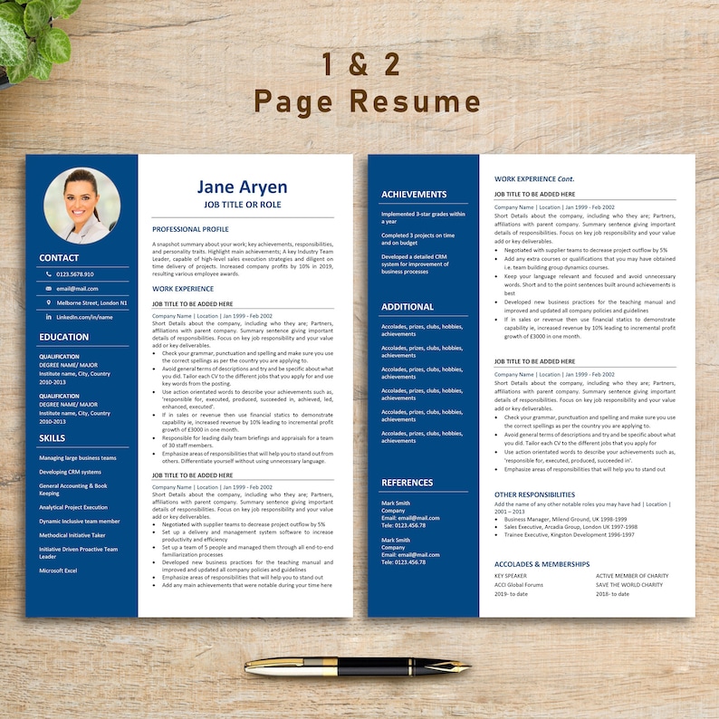 May include: A blue and white resume template with a professional headshot of a woman. The resume includes contact information, education, skills, work experience, achievements, and references. The text on the resume is in a sans-serif font.