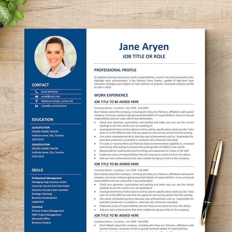 May include: A blue and white resume template with a professional headshot of a woman. The resume includes contact information, education, skills, and work experience. The text "Jane Aryen" is at the top of the resume.