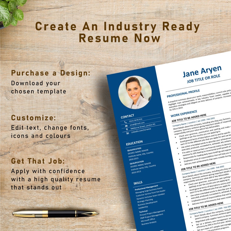 May include: A blue and white resume template with a photo of a woman smiling. The template includes sections for contact information, education, skills, work experience, and a professional profile. The text "Create An Industry Ready Resume Now" is at the top of the page.