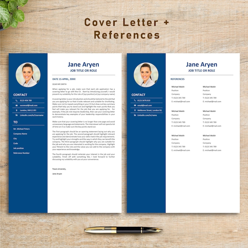 May include: A blue and white cover letter template with a woman's headshot and contact information. The text includes the words "Cover Letter + References" and "Jane Aryen".