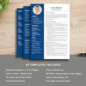 May include: A blue and white resume template with a professional headshot, contact information, skills, achievements, and work experience. The template includes 30 different designs and is available in multiple file formats, including Microsoft Word, Google Docs, and Mac Pages.