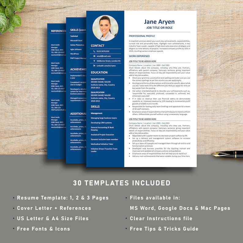 May include: A blue and white resume template with a professional headshot, contact information, skills, achievements, and work experience. The template includes 30 different designs and is available in multiple file formats, including Microsoft Word, Google Docs, and Mac Pages.