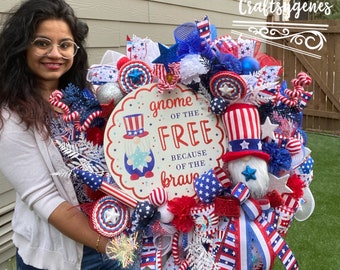 Gnome of the free because of the brave gnome patriotic 4th of July  mesh wreath for front door.