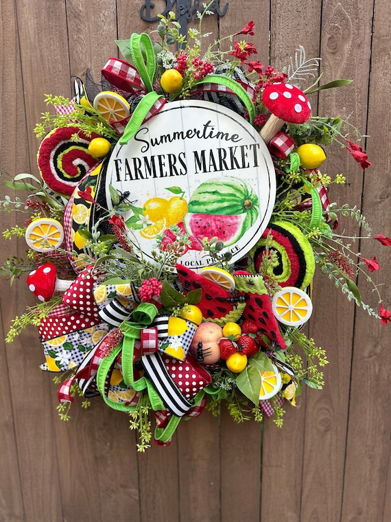 Handcrafted Farmers Market Wreath. Summertime Picnic Decor. Summer