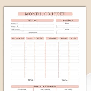 May include: A printable monthly budget planner with sections for income, expenses, and a monthly summary. The planner includes columns for bill to be paid, budget, actual, and expenses.