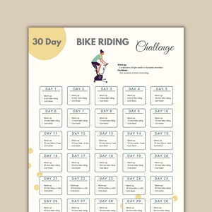 Può includere: Un grafico di sfida di ciclismo di 30 giorni con un'illustrazione di cartone animato di una persona che guida una bicicletta stazionaria. Il grafico include piani di allenamento giornalieri con istruzioni di riscaldamento, ciclismo e raffreddamento.
