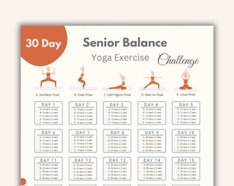 30 Day Senior Balance Challenge Printable | Senior Yoga | Balance Exercise for elderly | Digital Planner