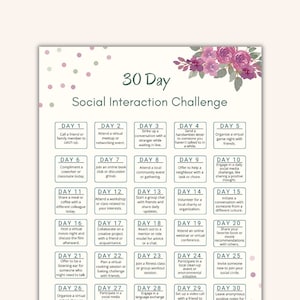 Puede incluir: Un desafío de interacción social de 30 días con indicaciones diarias para conectar con los demás. El desafío está diseñado en un tema floral rosa y verde con un fondo blanco.