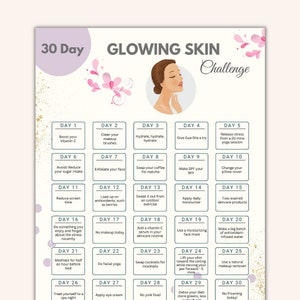Puede incluir: Un cuadro de desafío de 30 días para una piel radiante con consejos y actividades diarias. El cuadro presenta a una mujer con piel radiante y flores rosas. El cuadro está dividido en 30 cuadrados, cada uno con un día diferente y un consejo correspondiente. Los consejos incluyen aumentar la vitamina C, limpiar los pinceles de maquillaje, hidratar, probar el Gua Sha, liberar el estrés, evitar el azúcar, exfoliar, cambiar el café por matcha, aplicar SPF, cambiar la funda de la almohada, reducir el tiempo de pantalla, cargar con antioxidantes, sudar al aire libre, aplicar crema hidratante, tirar los productos de cuidado de la piel caducados, hacer algo que disfrutes, meditar, hacer yoga facial, agregar un suero de vitamina C, usar una mascarilla hidratante para la cara, cambiar los cócteles por mocktails, levantar la barbilla, usar un desmaquillador natural, darte un capricho en una noche de spa, aplicar crema para los ojos, no comer comida basura, desintoxicar tu dieta y no fruncir el ceño.