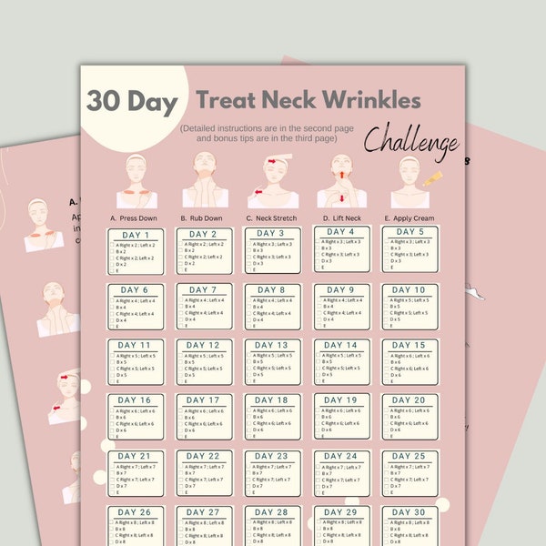 30 Day Treat Neck Wrinkles Challenge Printable | Sagging Neck Challenge |  Wrinkle Removal Tips | Anti Aging Exercise | Neck Exercise