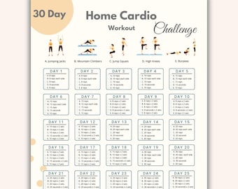 30 Day Home Cardio Workout Challenge Printable | Home Fitness | Quick Workout digital | Reshape body | Cardio No Tools Workout