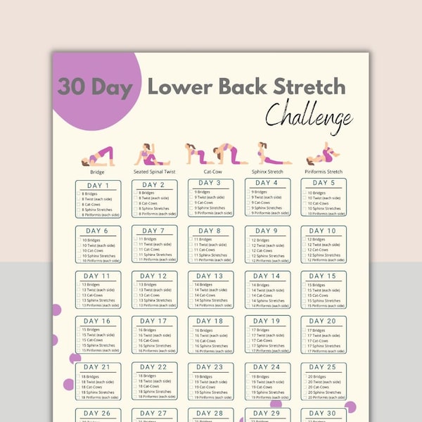 30 Day Lower Back Stretch Challenge | Digital Workout Guide | Workout Planner | Body Building Tracker | Lower Back Exercise