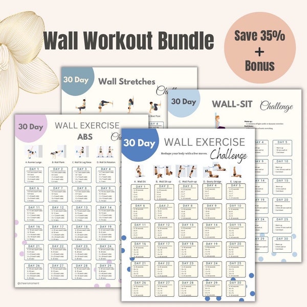 30 Day Wall Exercise Challenge Bundle | Digital Fitness Challenge | Printable Exercise Planner | Wall Pilates | Body Building