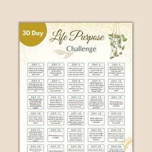 Puede incluir: Un desafío de 30 días para encontrar tu propósito de vida, con un fondo blanco y dorado. El desafío se divide en 30 días, cada uno con una pregunta para ayudarte a descubrir tu propósito de vida.