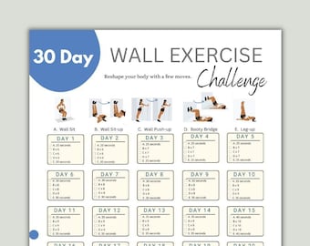 30 Day Wall Exercise Challenge Printable | Wall Fitness | Quick Workout digital | Reshape body | Wall Pilates
