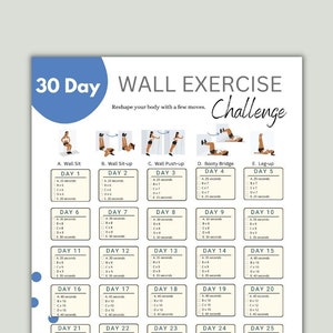 30 Day Wall Exercise Challenge Printable | Wall Fitness | Quick Workout digital | Reshape body | Wall Pilates