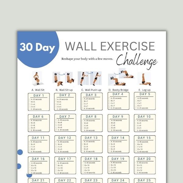 30 Day Wall Exercise Challenge Printable | Wall Fitness | Quick Workout digital | Reshape body | Wall Pilates