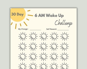 Desafio de acordar às 6 da manhã por 30 dias | Rastreador de despertar para impressão | Levante cedo | Pessoa matutina | Download digital