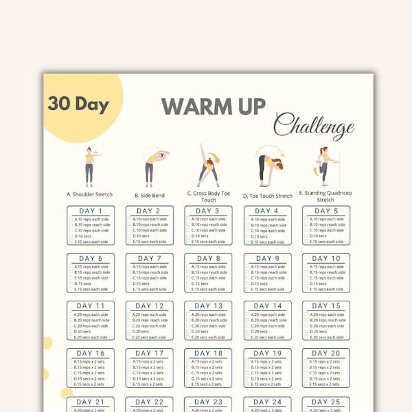 30 Day Warm Up Challenge Printable | Workout Prep Digital | Body Building Planner | Instant Download