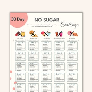 30 Day No Sugar Challenge Printable | No Sugar Tracker | Sugar Detox | Avoid Sugar | Healthy Diet Planner