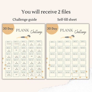 May include: A printable 30-day plank challenge guide with a light gray background and gold polka dots. The guide includes a daily schedule with increasing plank hold times, including rest days.