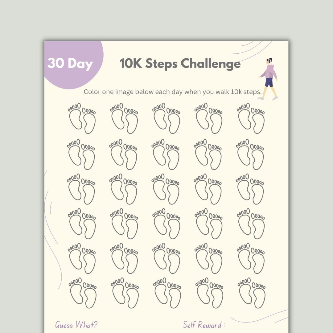 30 Day 10K Steps Challenge Printable Walking 10K Steps Tracker Digital 
