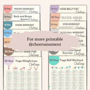 May include: A collage of printable workout challenge cards with colorful backgrounds and text. The cards feature different workout routines, including triceps, back and biceps, chair, yoga weight loss, yoga ball, resistance band, bosu ball, gym, sleek arms, and lose belly fat. The text on the cards reads "30 Day Challenge".