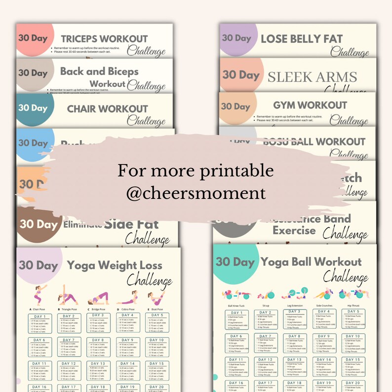 May include: A collage of printable workout challenge cards with colorful backgrounds and text. The cards feature different workout routines, including triceps, back and biceps, chair, yoga weight loss, yoga ball, resistance band, bosu ball, gym, sleek arms, and lose belly fat. The text on the cards reads "30 Day Challenge".