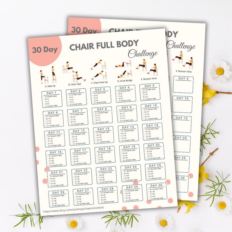 K&ouml;nnte beinhalten: Zwei druckbare 30-Tage-Trainingspl&auml;ne f&uuml;r die Ganzk&ouml;rper-Challenge mit Stuhl. Die rosa und wei&szlig;en Bl&auml;tter zeigen &Uuml;bungsdiagramme und t&auml;gliche Routinen. Der Text enth&auml;lt "30 Day Chair Full Body Challenge" und &Uuml;bungsnamen.