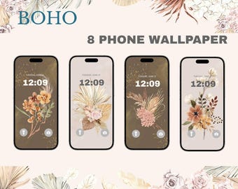 May include: An image featuring four smartphones displaying floral wallpaper designs in shades of brown, beige, and orange. The word "BOHO" is at the top left, and the text "8 PHONE WALLPAPER" is in the center.