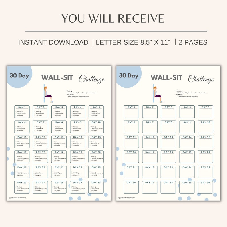 30 Day Wall-sit Challenge Printable Wall Fitness Quick Workout Digital