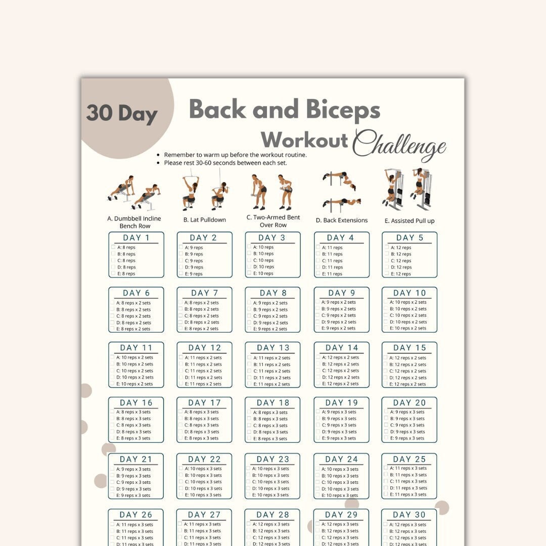 30 Days Back and Biceps Workout Challenge Printable Biceps Arm Exercise