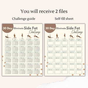 Op de afbeelding: Een printbare 30-daagse workout-challenge-gids om buikvet te elimineren. De gids bevat een kalender met dagelijkse oefeningen, waaronder beenheffen, lunges, handheffen, zijwaartse omhelzingen en tube-planken. De gids bevat ook een zelfvulblad om de voortgang bij te houden.