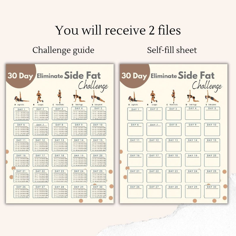 Op de afbeelding: Een printbare 30-daagse workout-challenge-gids om buikvet te elimineren. De gids bevat een kalender met dagelijkse oefeningen, waaronder beenheffen, lunges, handheffen, zijwaartse omhelzingen en tube-planken. De gids bevat ook een zelfvulblad om de voortgang bij te houden.