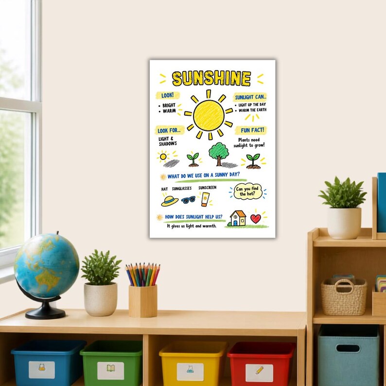 May include: An educational poster titled SUNSHINE featuring a yellow sun illustration, drawings of plants, a hat, sunglasses, and sunscreen. The text explains how sunlight helps plants grow, provides light and warmth, and lists items used on sunny days.
