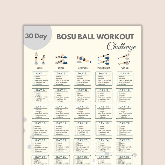 30 Day Bosu Ball Workout Challenge Balance Ball Digital Fitness Guide Printable Gym Exercise Gym Planner Bosu Ball Core Workout Etsy