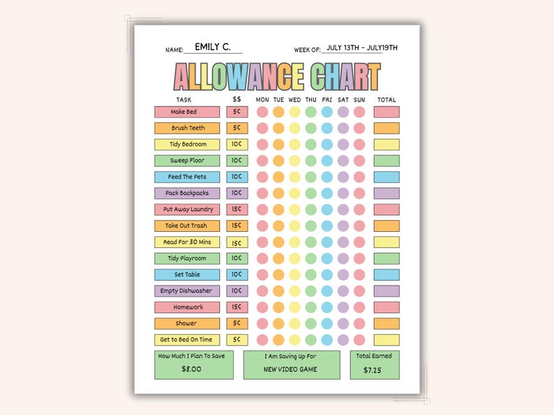 Kids Allowance Chart Printable | Editable Kids Chores Chart | Weekly Planner Kids | Canva Template Kids To Do List | Instant Download image 1