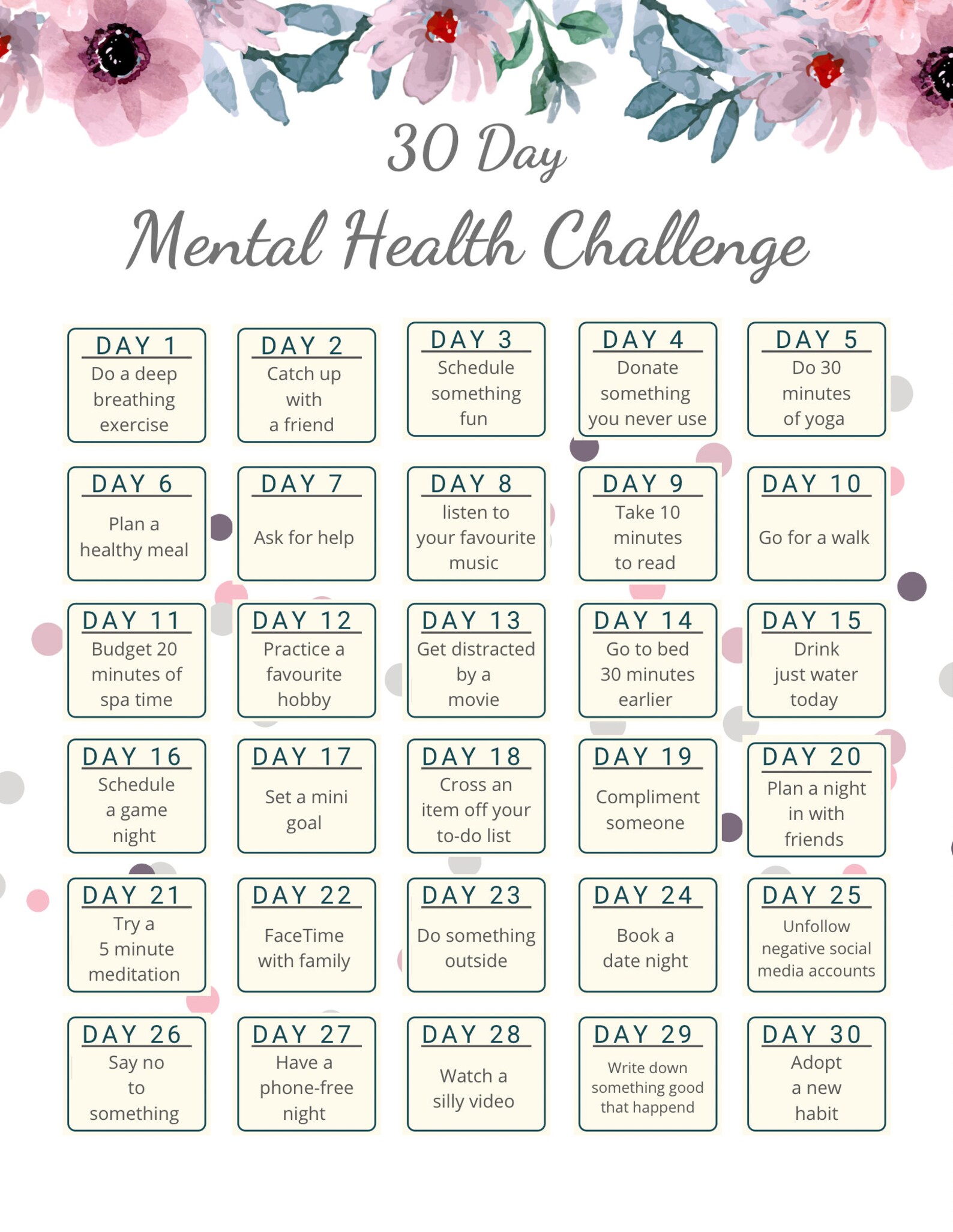 30 Day Mental Health Challenge Guide and Empty Worksheet | Etsy